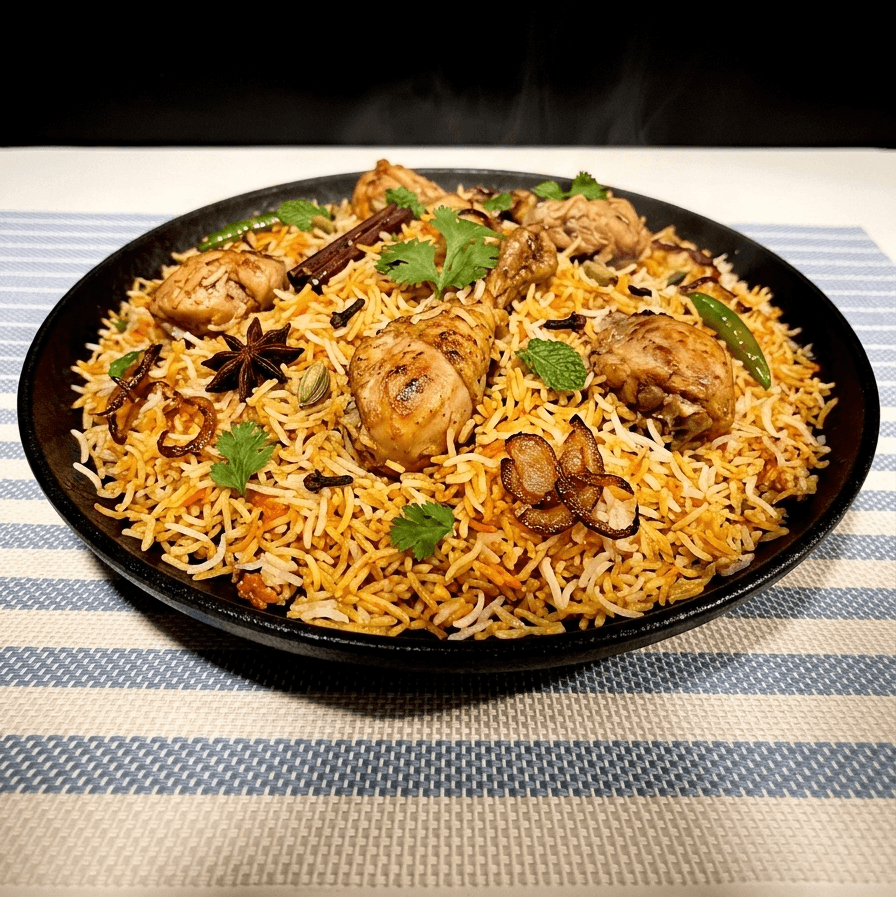 Chicken biriyani with long-grain rice and spices, served in a black pan