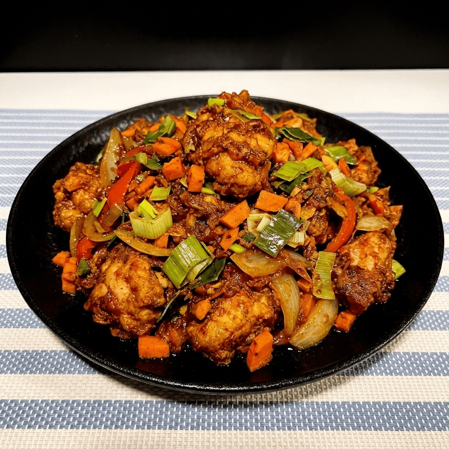 Chicken pieces with vegetables on a black serving plate