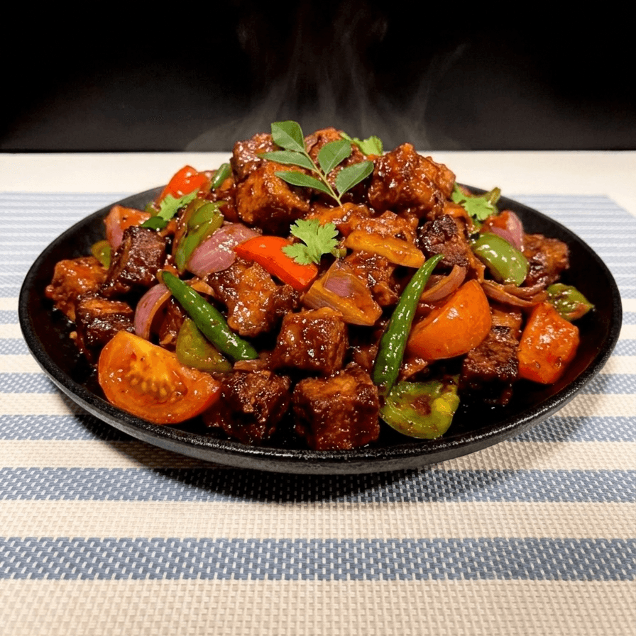 Pork pieces with vegetables and fresh herbs on a black plate