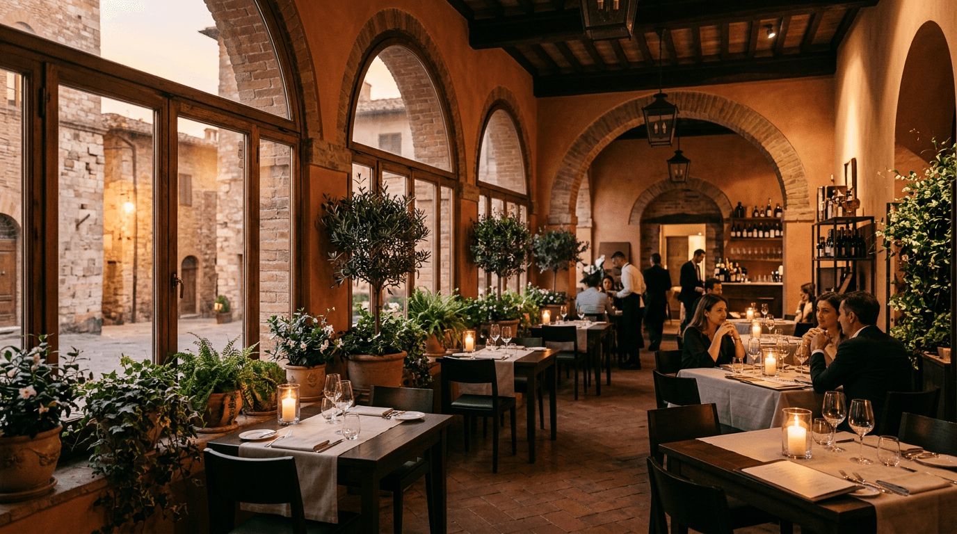 Warmly lit dining space with wooden tables